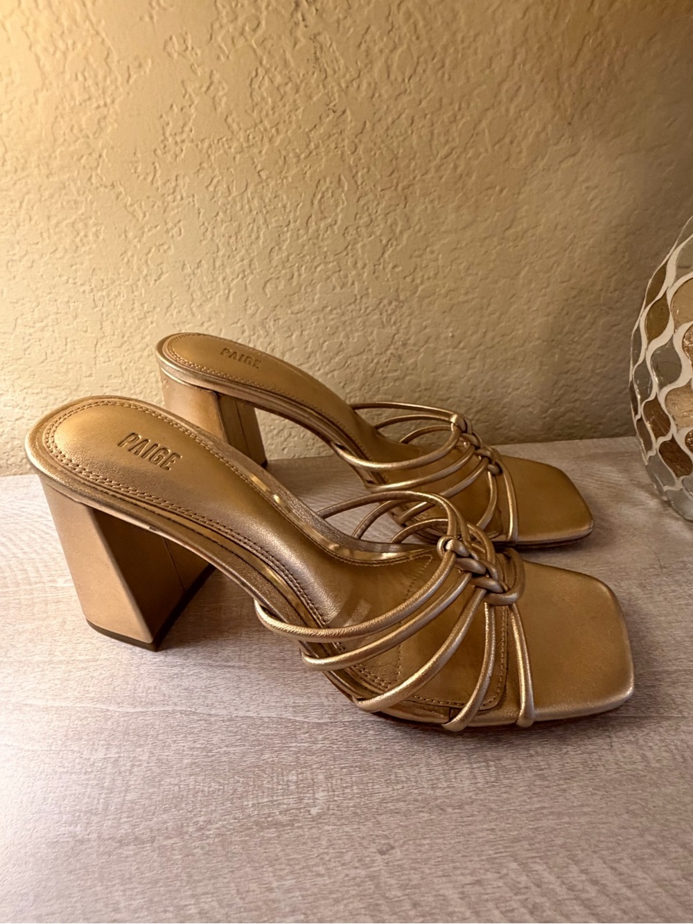 PAIGE Metallic Gold Braided Strap Block Heel Mules